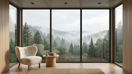 Minimalist living room with panoramic misty forest view © Bery