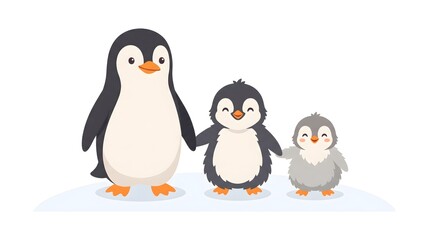 Fototapeta premium Charming flat vector of a penguin family of three standing in a row holding flippers, varying sizes for parent and two chicks, soft black white and orange palette, white background, no text, no brand,