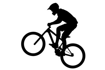 Obraz premium Mountain biker silhouette performing a wheelie. Extreme cyclist riding a bicycle isolated.