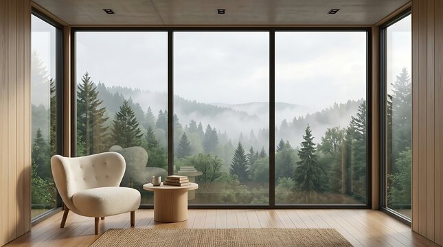 Minimalist living room with panoramic misty forest view