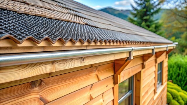 Close-up of gutter with mesh leaf guard and shingle roof on a wooden house facade