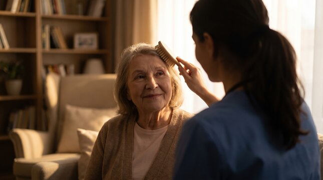 Caregiver grooming elderly woman in a cozy home setting