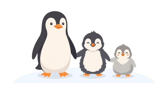 Charming flat vector of a penguin family of three standing in a row holding flippers, varying sizes for parent and two chicks, soft black white and orange palette, white background, no text, no brand,