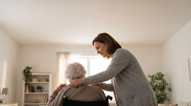Caregiver assisting elderly woman in a bright indoor setting