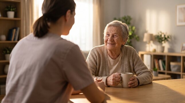 Caregiver and elderly woman enjoying a warm conversation at home