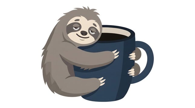 Playful bold flat vector of a sleepy sloth character hugging a oversized coffee mug with both arms, half-closed eyes, soft grey brown fur in flat colour blocks, white background, no text, no brand, Mo