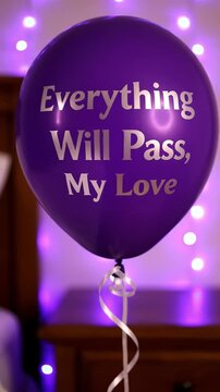 Purple balloon with inspirational typography quote everything will pass my love for grief support, hope, resilience, comfort, and encouragement, floating message text background.