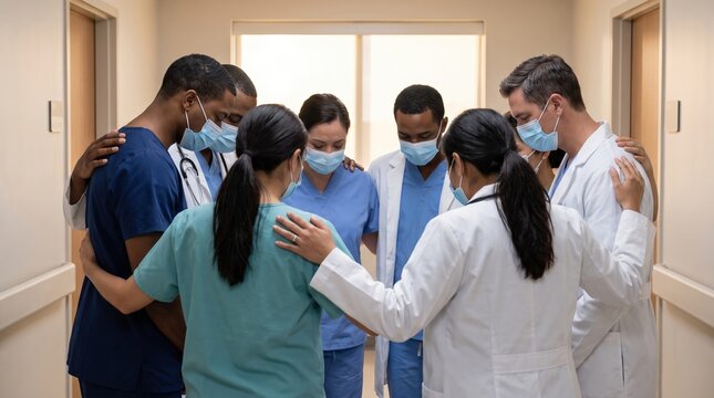 Medical team praying together in hospital hallway for support