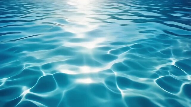 Shimmering blue pool water surface with sun reflection, transparent glass-like ripples and soft light caustics background