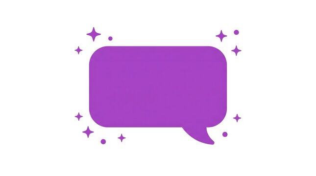 Bold flat vector of a simple rounded speech bubble shape with small sparkle star accents floating around it, vivid lilac and white palette, no text inside bubble, white background, no brand, social me