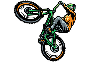 Fototapeta premium Mountain biker performing a wheelie. Cyclist doing extreme stunt on a mountain bike.