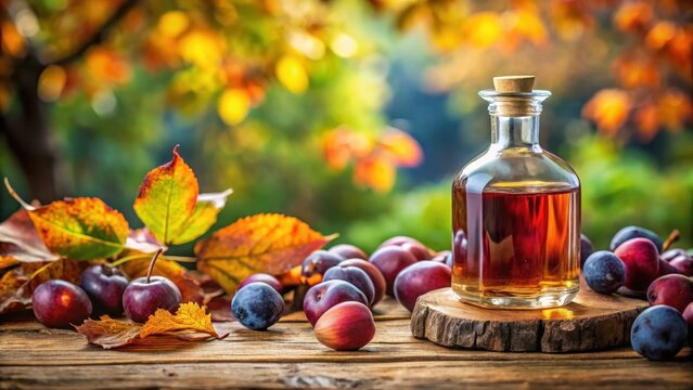 Traditional Serbian plum brandy in a small glass bottle with a wooden stopper