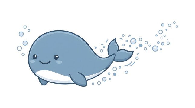 Charming flat vector of a small round whale character swimming with a stream of bubbles trailing behind, soft dusty blue body with a gentle smile, white background, no text, no brand, kawaii ocean con