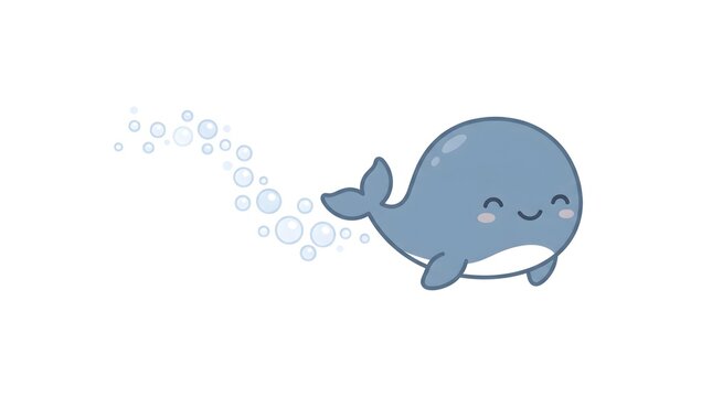 Charming flat vector of a small round whale character swimming with a stream of bubbles trailing behind, soft dusty blue body with a gentle smile, white background, no text, no brand, kawaii ocean con