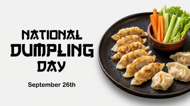 National Dumpling Day celebration with golden fried dumplings. Asian cuisine appetizer platter served on dark ceramic dish with fresh vegetables.