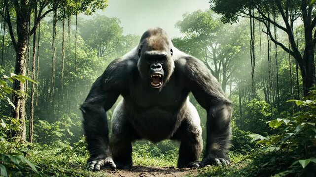 A massive silverback gorilla with an aggressive expression stands in the middle of a misty tropical rainforest while displaying its raw power and dominance during the light of a sunny morning