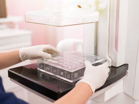 Placing acrylic test phantom on mammography detector for QA