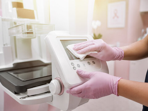 Hands cleaning mammography machine control panel with wipe
