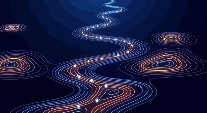 An abstract digital illustration displays a winding path of glowing white dots against a dark blue background with flowing topographic contour lines.