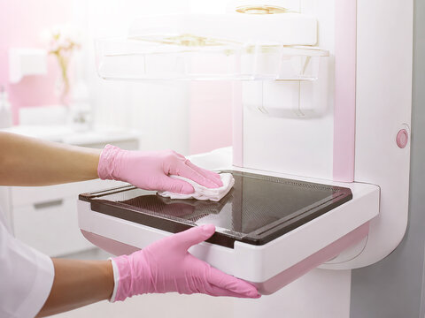 Nurse cleaning mammography detector platform with cloth