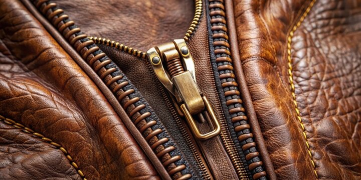 Brass zipper on brown leather jacket with intricate details and texture