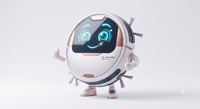 Friendly robot vacuum mascot giving thumbs up. Smart home cleaning robot character isolated on white background.