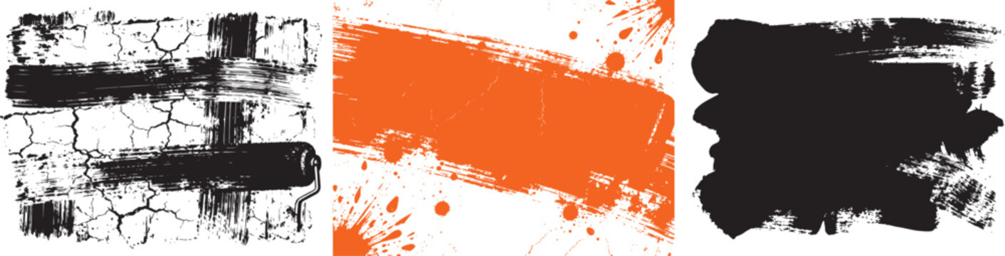 Grunge paint brush stroke vector banners with paint roller texture and ink splatters for distressed design backgrounds