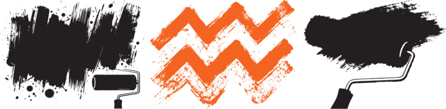 Paint roller brush strokes vector set with black and orange grunge textures and splatters