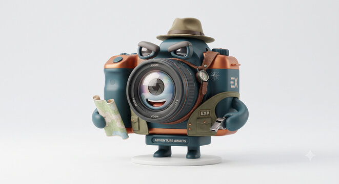 Adventurous 3D camera character wearing an explorer hat and vest, holding a map and whistle, isolated on a white background, photography travel concept
