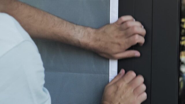 Person pressing a white mosquito screen into the window frame, illustrating precise handwork and practical DIY maintenance.

