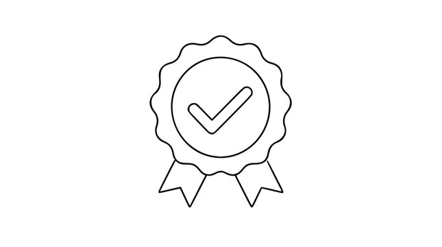 Minimalist vector icon illustration of standards compliance badge with checkmark in hand-drawn line art style. Outline symbol for quality assurance, certification, and approved business status. Clean
