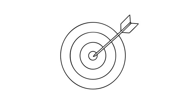 Minimalist hand-drawn vector icon illustration of archery target with arrow hitting center bullseye, clean outline style scalable graphic design element representing success precision and goal