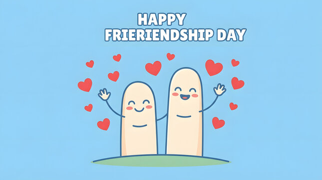 Happy Friendship Day illustration with cute cartoon characters and floating red hearts on a light blue background
