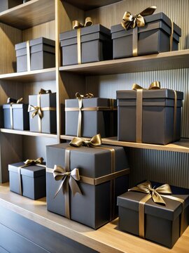 Luxurious black gift boxes stacked neatly on a shelf