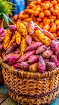 A vibrant basket overflowing with fresh sweet potatoes