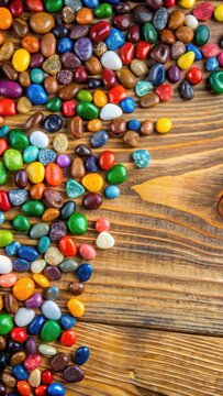 Multicolored pebbles scattered on a wooden table