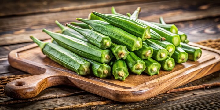 Fresh okra pods piled high on a rustic wooden cutting board