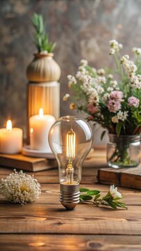Minimalist decor with a single stylish light bulb placed on a wooden surface surrounded by various decorative items like candles and fresh flowers