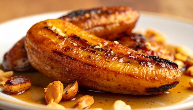Grilled plantain boli. Hot and sweet roasted yellow plantains perfectly caramelized and served as a delicious street food snack.
