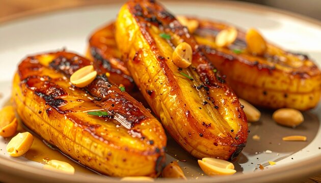 Nigerian roasted boli. Delicious grilled sweet plantains served with roasted peanuts in a rustic moody food setting.