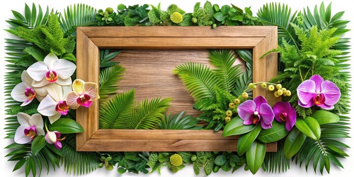 A rectangular wooden frame with lush green tropical plants and a few colorful orchids inside
