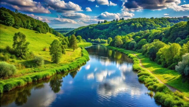 serene winding river through lush green hills with towering trees and a clear blue sky