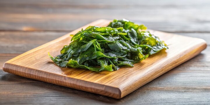 A single sheet of soaked wakame seaweed lies flat against a minimalist wooden cutting board