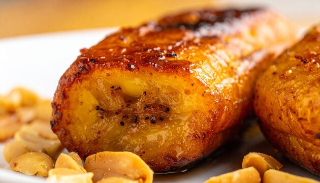 Sweet roasted boli. Close up of delicious caramelized roasted plantain glistening with sweet glaze on a plate.