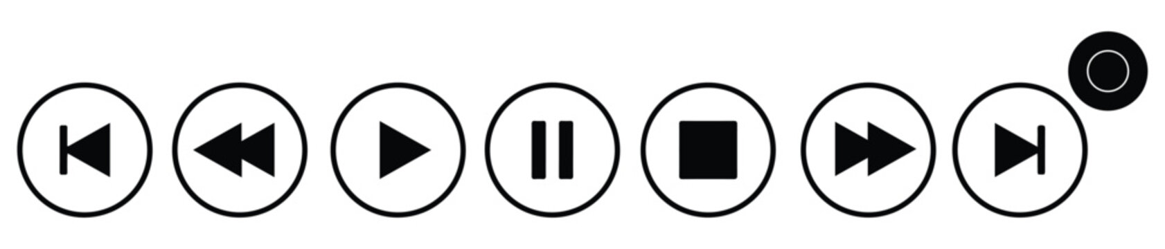 Black media player control icons set with play, pause, stop, record, navigation, and eject symbols. Solid Styles