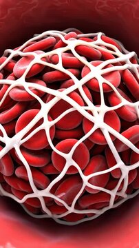 Microscopic view of blood coagulation and thrombosis, fibrin mesh trapping erythrocytes and platelets in a vessel, medical hematology illustration of circulation pathology and anatomy biology