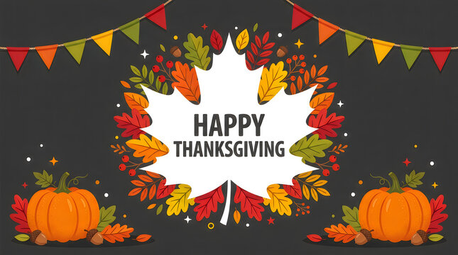 Happy thanksgiving illustration with autumn leaves and pumpkins