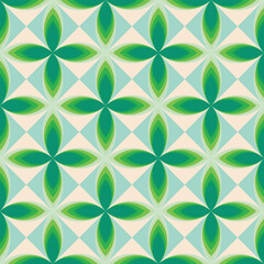 Fototapeta premium Mid Century Modern Floral Geometric Seamless Pattern with Retro Leaf Motifs in Green and Cream