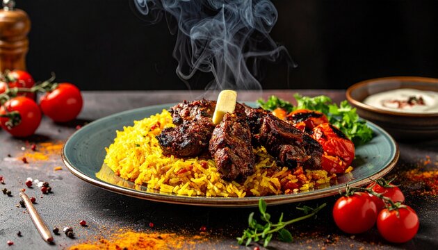 Hot persian chelo kebab. Delicious steaming saffron rice topped with juicy grilled meat chunks on a dark moody plate.