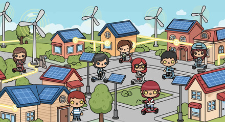 Naklejka premium Children in a sustainable community with solar panels and wind turbines.